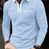 kkboxly Men's Casual Long Sleeves Zip Up Polo Shirts With Chest Pocket, Lapel Collar Tops Pullovers, Men's Clothing For Summer