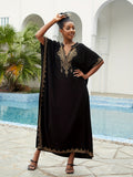 Plus Size Boho Kaftan Dress, Women's Plus Golden Embroidered Bat Sleeve Notched Neck Maxi Cover Up Dress