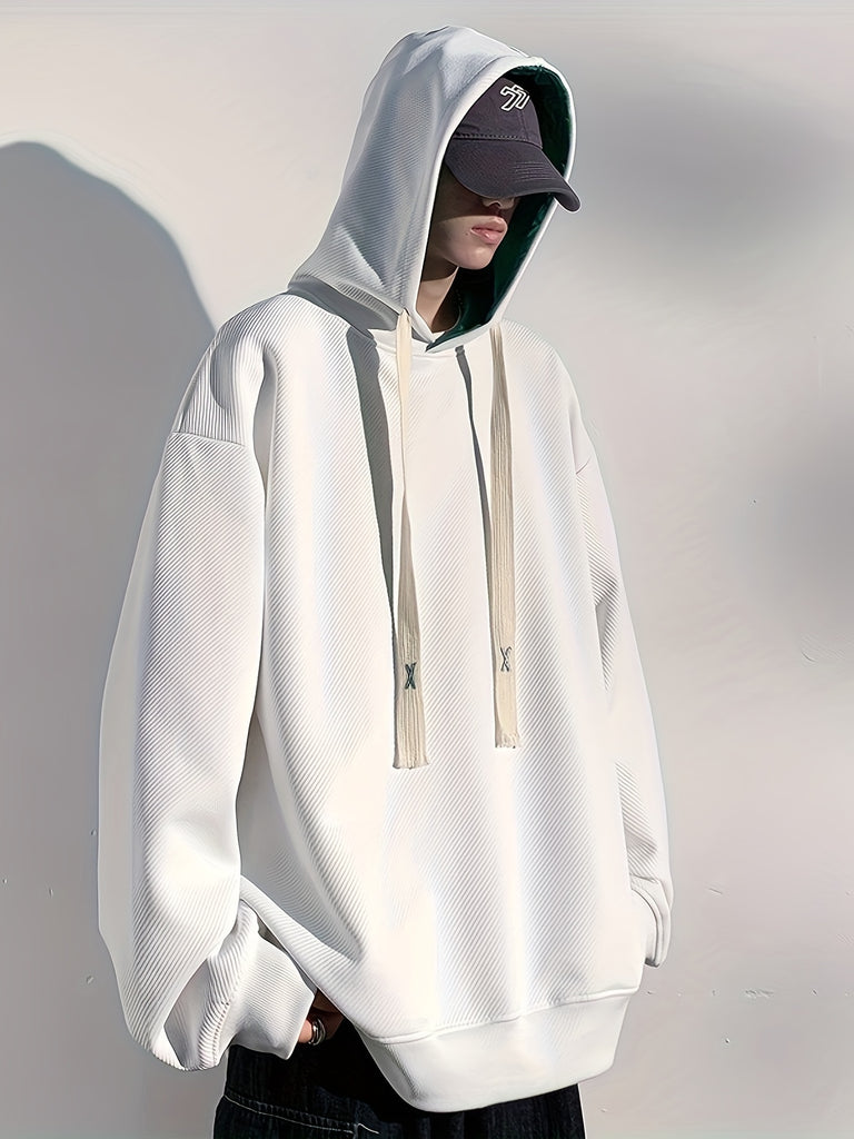 Men's Trendy Solid Hoodie, Casual Slightly Stretch Breathable Loose Hooded Sweatshirt For Outdoor