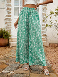 kkboxly  Leaves Print Wide Leg Pants, Vacation High Waist Long Length Pants, Women's Clothing