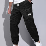 kkboxly  Men's Stylish Solid Corduroy Cargo Joggers With Pockets, Causal Breathable Drawstring Men's Bottom Clothing For City Walk Street Hanging Outdoor Activities