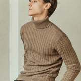 kkboxly  Turtle Neck Knitted Texture Sweater, Men's Casual Warm Solid Color Mid Stretch Pullover Cotton Sweater For Fall Winter