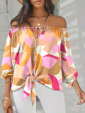 kkboxly  Plus Size Elegant Top, Women's Plus Sunflower Print Off Shoulder Drawstring Lantern Sleeve Cut Out Top