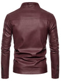 realaiot  Men's Casual Pu Leather Jacket, Chic Stand Collar Biker Jacket