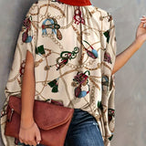 kkboxly Abstract Face Print Blouse, Casual Cape Sleeve Bow Tie Blouse, Women's Clothing
