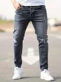 kkboxly  Ripped Design Cotton Slim Fit Jeans, Men's Casual Street Style Leg Mid Stretch Denim Pants For Spring Summer