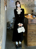 kkboxly  Contrast Trim Bow Decor Velvet Dress, Elegant Long Sleeve Button Front Dress For Spring & Fall, Women's Clothing