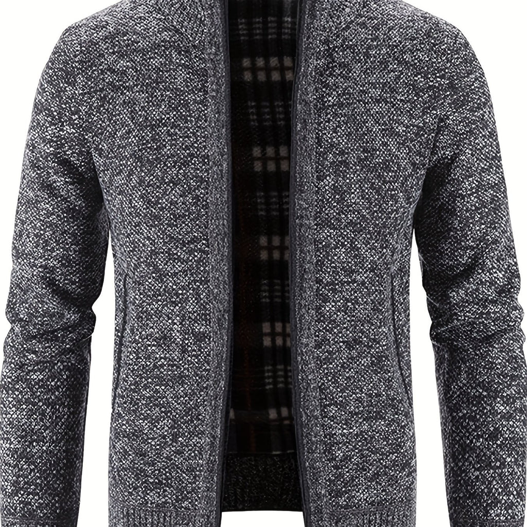 kkboxly  Warm Stand Collar Fleece Jacket, Men's Casual Comfortable Solid Color Zip Up Knitted Cardigan For Spring Fall