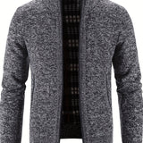 kkboxly  Warm Stand Collar Fleece Jacket, Men's Casual Comfortable Solid Color Zip Up Knitted Cardigan For Spring Fall