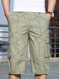 Geometric Pattern Cotton Cargo Shorts, Men's Casual Multi Pocket Waist Drawstring Cargo Shorts For Summer Outdoor