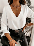 kkboxly  Faux Pearl Back Cross V Neck Blouse, Casual Long Sleeve Blouse For Spring & Fall, Women's Clothing