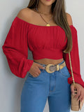 kkboxly  Solid Cross Tie Back Crop Blouse, Casual Off Shoulder Long Sleeve Top, Women's Clothing