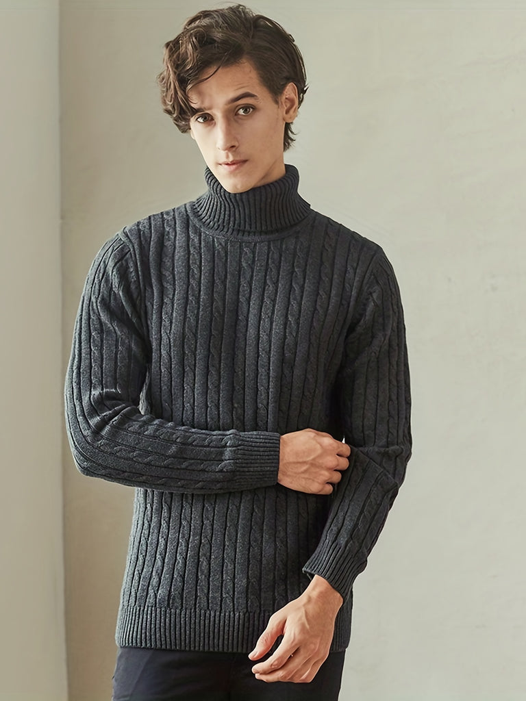kkboxly  Turtle Neck Knitted Texture Sweater, Men's Casual Warm Solid Color Mid Stretch Pullover Cotton Sweater For Fall Winter