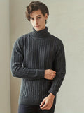 kkboxly  Turtle Neck Knitted Texture Sweater, Men's Casual Warm Solid Color Mid Stretch Pullover Cotton Sweater For Fall Winter