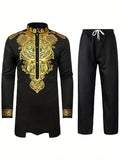 kkboxly Men's African 2 Piece Set Long Sleeve Gold Print Dashiki And Pants Outfit Traditional Suit