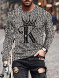 kkboxly  Cool Alphabet K Print Men's Long Sleeve T-shirt, Men's Fashion Crew Neck Tops, Spring Fall
