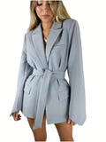 Lapel Oversized Blazer, Tie Waist Long Sleeve Suit Outerwear, Women's Clothing