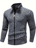 kkboxly  Warm Stand Collar Fleece Jacket, Men's Semi-formal Comfortable Solid Color Zip Up Knitted Cardigan For Spring Fall