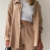 2025 kkboxly  Solid Pocket Matching Two-piece Set, Casual Long Sleeve Shirt & Drawstring Shorts Outfits, Women's Clothing