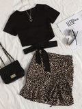 kkboxly  Casual Two-piece Set, Tied Surplice Neck T-shirt & Leopard Print Drawstring Skirt Outfits, Women's Clothing