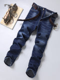 kkboxly  Chic Straight Leg Jeans, Men's Casual Regular Stretch Street Style Denim Pants With Pockets