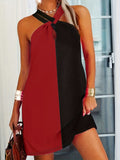 kkboxly  Color Block Halter Neck Dress, Casual Criss Cross Sleeveless Dress For Spring & Summer, Women's Clothing