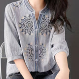 kkboxlyStand Collar Button Front Blouse, Elegant 3/4 Sleeve Blouse, Women's Clothing