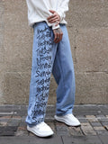 Letter Print Loose Fit Jeans, Men's Casual Street Style Wide Leg Denim Pants For All Seasons