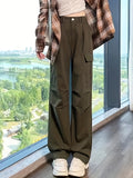 kkboxly  Solid Straight Leg Cargo Pants, Y2K Flap Pocket High Waist Loose Pants, Women's Clothing