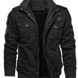kkboxly  Warm Plush Fleece Cotton Jacket, Men's Casual Zipper Pockets Stand Collar Jacket Coat For Fall Winter