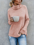 xieyinshe  Solid Turtle Neck Pullover Sweater, Casual Long Sleeve Split Sweater For Fall & Winter, Women's Clothing