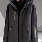 kkboxly  Men's Trendy Thermal Hooded Ski Jacket, Detachable Liner, Waterproof & Windproof Loose Zip Up Hooded Coat For Fall Winter Outdoor