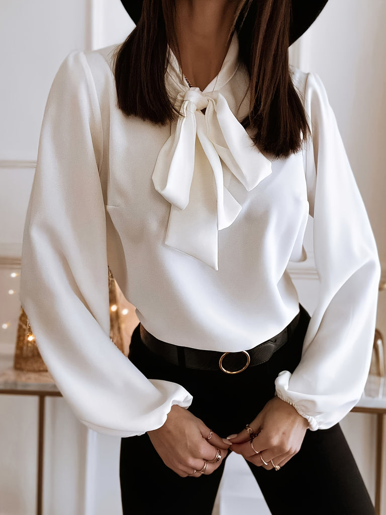 kkboxly Solid Tie Neck Simple Blouse, Elegant Long Sleeve Blouse For Spring & Fall, Women's Clothing