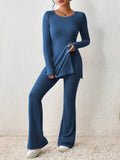 kkboxly  Solid Textured Two-piece Set, Long Sleeve Slit Long Length Top & Skinny Pants Outfits, Women's Clothing