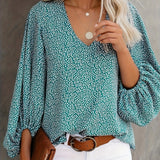 kkboxly  Floral Print Lantern Sleeve Blouse, Casual V Neck Long Sleeve Blouse For Spring & Fall, Women's Clothing