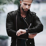 kkboxly  Stylish Slant Placket Biker Jacket, Men's Casual Solid Color Belt Zip Up Turndown Collar Faux Leather Jacket For Spring Fall