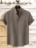 kkboxly  Casual Linen Men's Stand Collar Short Sleeve Shirt With Chest Pocket, Solid Color Men's Shirt For Summer Outdoor, Gift For Men