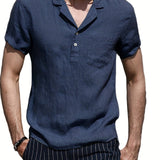 kkboxly  Solid Color Men's Casual Button Up Short Sleeve Lightweight Polo Shirt With Chest Pocket, Men's Polo For Summer