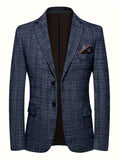 kkboxly Men's Semi-formal Thin Plaid Blazer, Chic Two Button Lapel Suit Jacket For Spring Fall