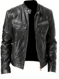 kkboxly  Zipper Pockets PU Jacket, Men's Casual Solid Color Zip Up Stand Collar Faux Leather Jacket For Spring Fall