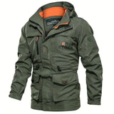 kkboxly  Casual Multi-pocket Light Weight Drawstring Waist Zip Up Hooded Jacket Coat, Men's Cotton Jacket For Fall Outdoor