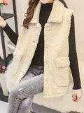 Solid Flap Pockets Plush Vest, Casual Thermal Sleeveless Jacket For Fall & Winter, Women's Clothing