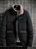 kkboxly  Fashionable Men's Stand Collar Zipper Snap Button Solid Fleece Winter Jacket,Suitable For Winter,Street Outdoor,Comfortable,Warm And Versatile