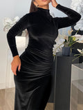 kkboxly  Velvet Mock Neck Dress, Elegant Long Sleeve Ruched Bodycon Dress, Women's Clothing