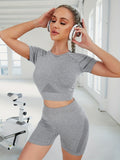kkboxly  2pcs Yoga Fitness Suits, Seamless Quick-dry Casual Sportswear Sets, Short Sleeve Cropped Top & High Waist Shorts Suit, Women's Activewear