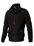 realaiot  Men's Stylish Solid Jacket With Pockets, Casual Breathable Stand Collar Zip Up Long Sleeve Top For City Walk Street Hanging Outdoor Activities