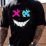 kkboxly  Cross Eyes Smile Face Print, Men's Graphic T-shirt, Casual Comfy Tees Tshirts For Summer, Men's Clothing Tops