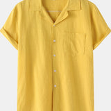 kkboxly  Mens Casual Non-Stretch Turndown Collar Short Sleeve Flax T Shirt, Male Clothes For Summer