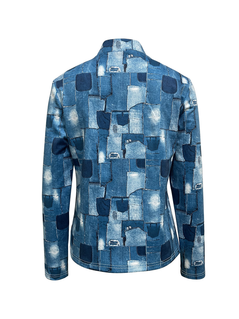 kkboxly  Patchwork Print Tops, Casual Open Front Long Sleeve Outerwear, Women's Clothing