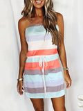 Kkboxly  Striped Off Shoulder Dress, Casual Drawstring Pockets Vacation Mini Dress, Women's Clothing